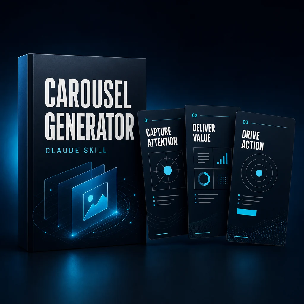Cover for Instagram Carousel Generator - Claude Skill. A Claude skill for researching topics, writing branded carousel slides, rendering PNGs, and drafting Instagram captions.